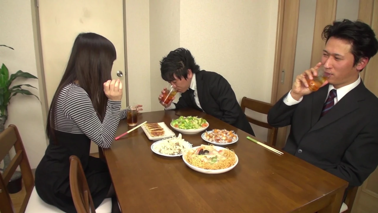Japanese milf slut gives her cunt to her husband’s coworker at dinner time!